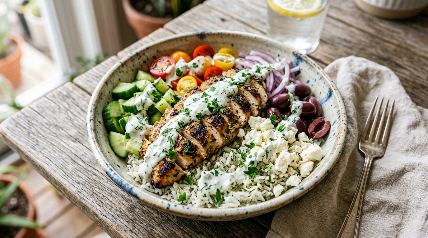 Greek chicken bowl with grilled chicken, rice, vegetables, feta, and tzatziki sauce