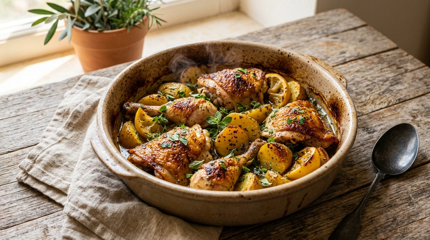 Greek lemon chicken and potatoes roasted with herbs in a baking dish