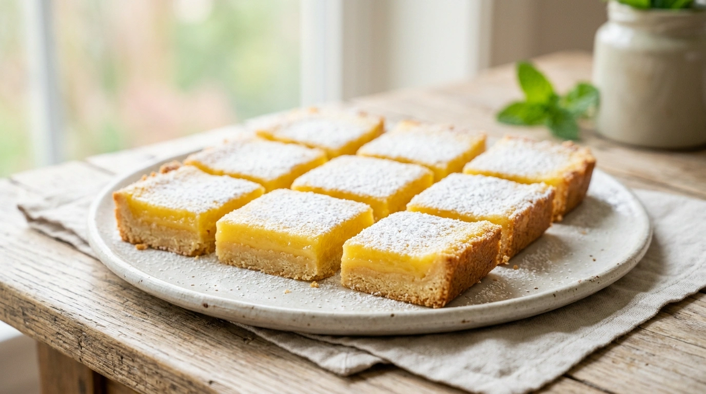 Easy lemon bars with powdered sugar and a buttery crust on a plate