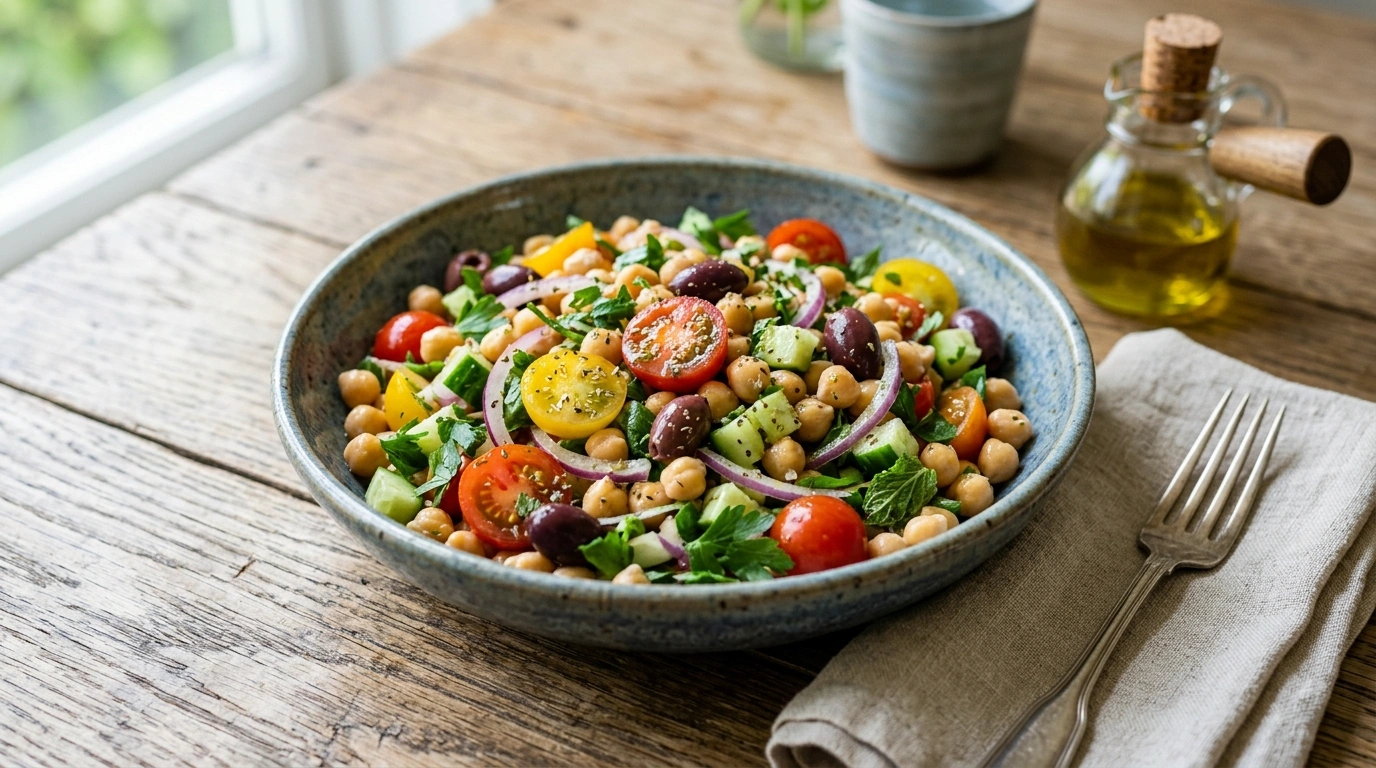 Mediterranean chickpea salad with cucumber, tomatoes, olives, and fresh herbs