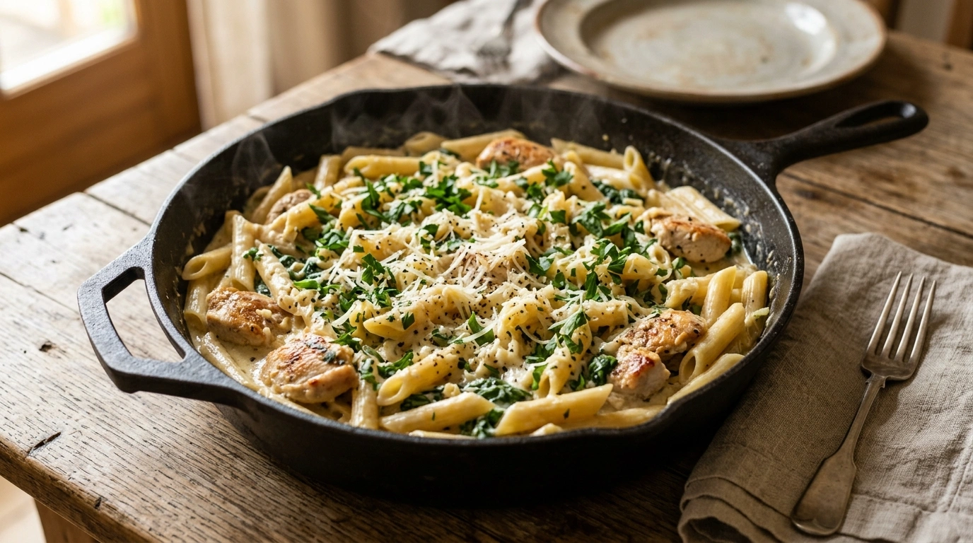 One pot creamy chicken pasta with tender chicken and rich sauce in a skillet