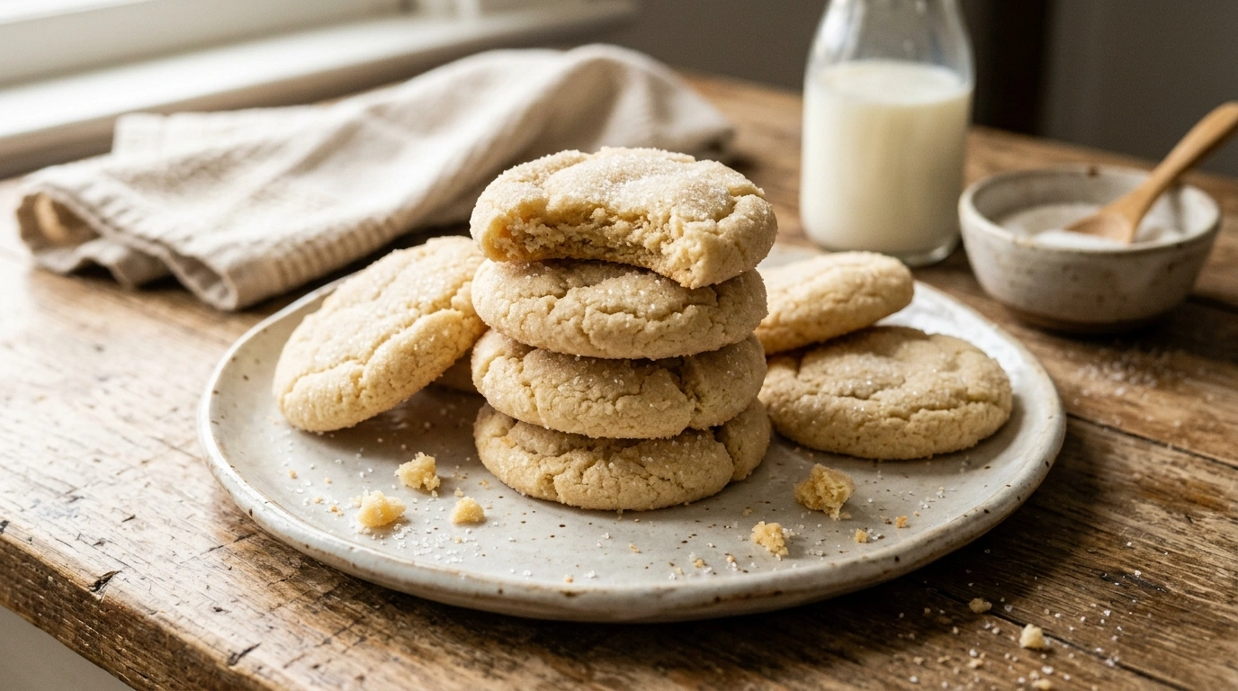 Soft sugar cookies with a tender texture stacked on a plate