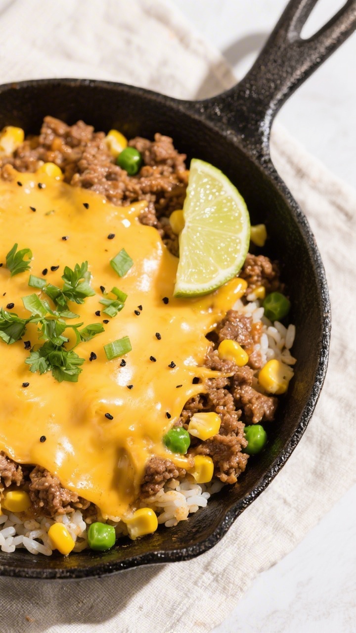 Cheesy finish — Top-down shot of the finished ground beef and rice skillet just off heat with swee