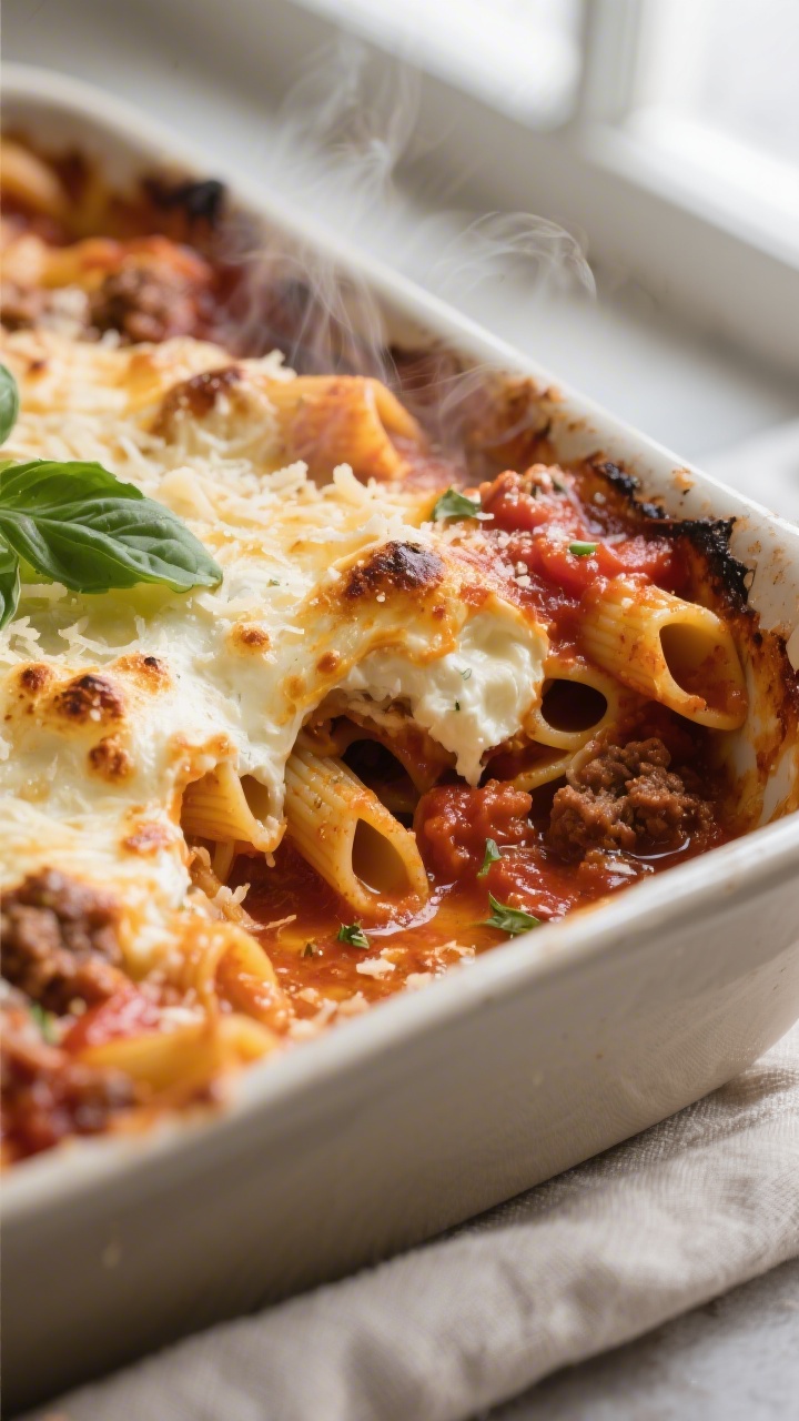 Close-up detail: A bubbling corner of baked ziti fresh from the oven, showing golden, blistered mozz