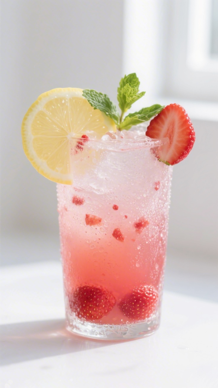 Close-up detail: A chilled glass of finished strawberry lemonade with a frosty exterior and visible