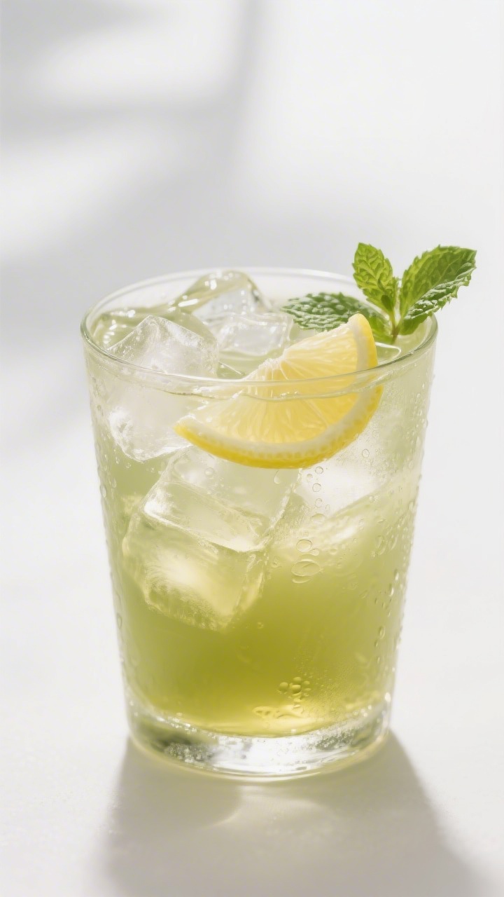 Close-up detail: A chilled glass of iced green tea lemon drink with crystal-clear ice cubes and a fl