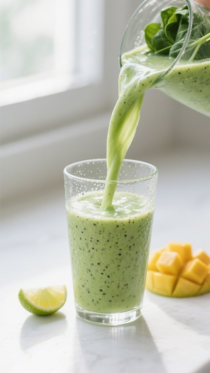 Close-up detail: A freshly blended spinach fruit smoothie being poured in a silky ribbon into a chil