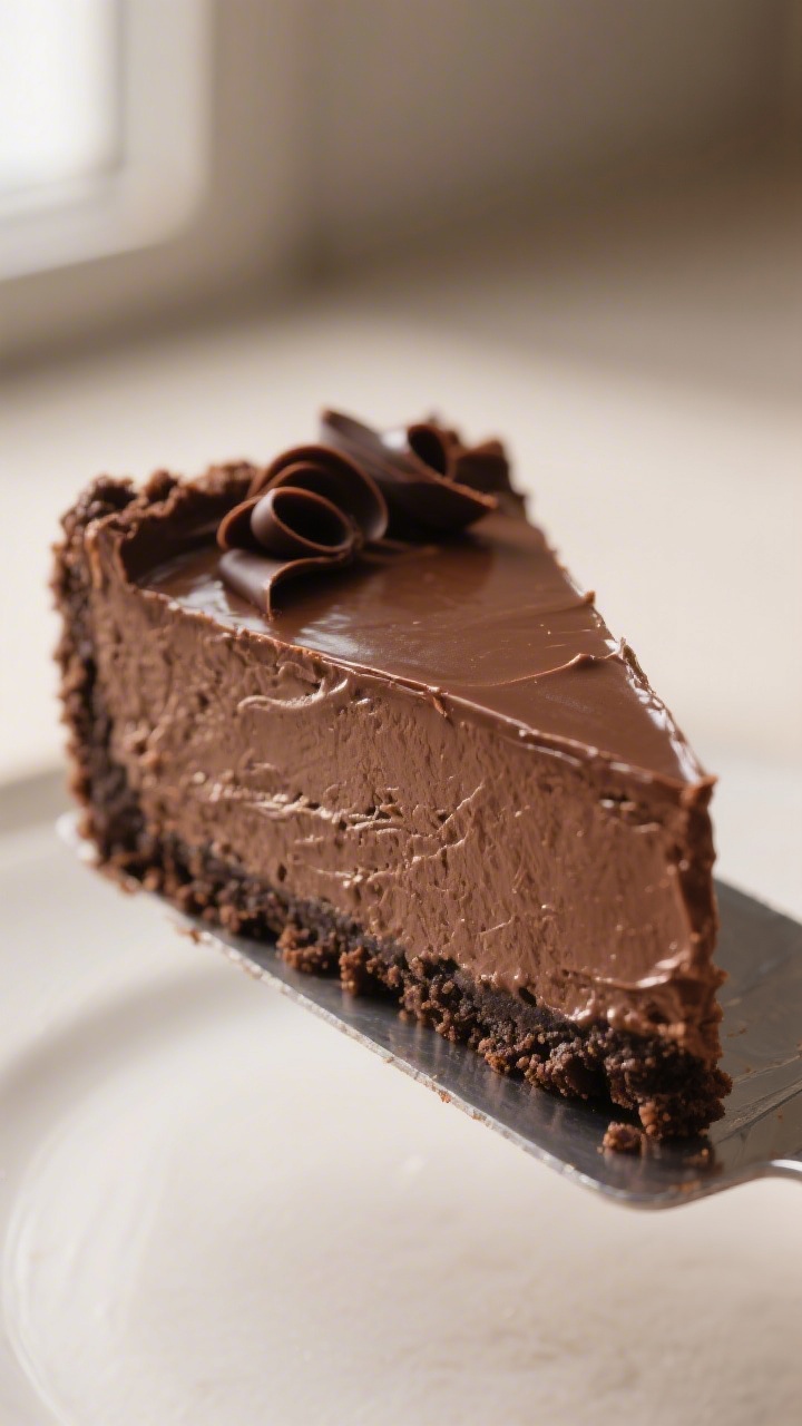 Close-up detail: A glossy, sliceable wedge of no-bake chocolate cheesecake lifted from the pan, show