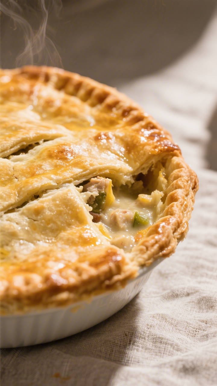 Close-up detail: A golden, flaky chicken pot pie crust just out of the oven, capturing crisp, butter