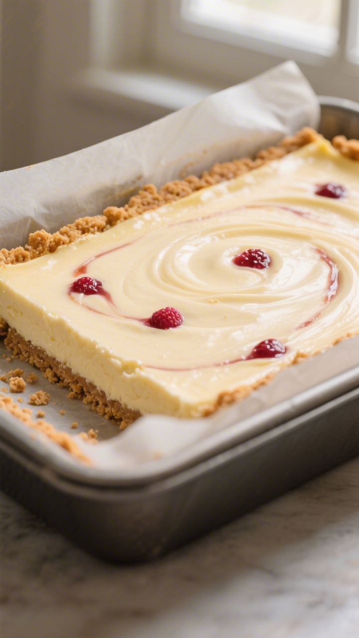 Close-up detail: A just-baked cheesecake bar slab in the pan with the graham cracker crust edges sli
