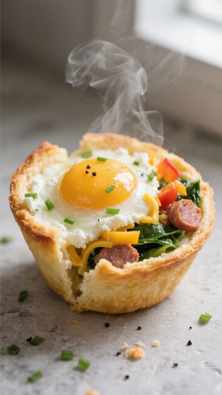 Close-up detail: A just-baked egg muffin split open to reveal creamy curds from cottage cheese, melt