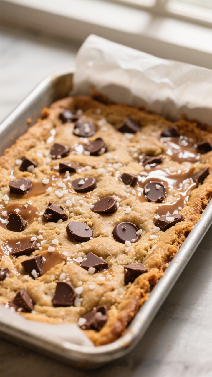 Close-up detail: A just-baked slab of chocolate chip cookie bars in a 9x13-inch metal pan, edges dee