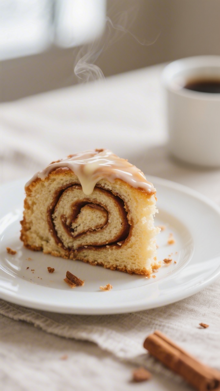 Close-up detail: A just-cut slice of cinnamon roll cake on a small white dessert plate, showing gooe