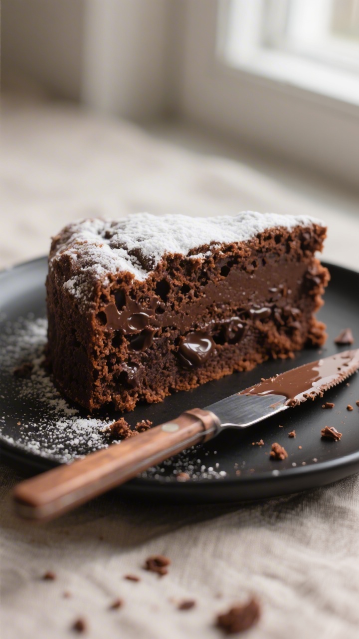 Close-up detail: A just-cut slice of one-bowl chocolate cake showing a moist, fudgy crumb with tiny