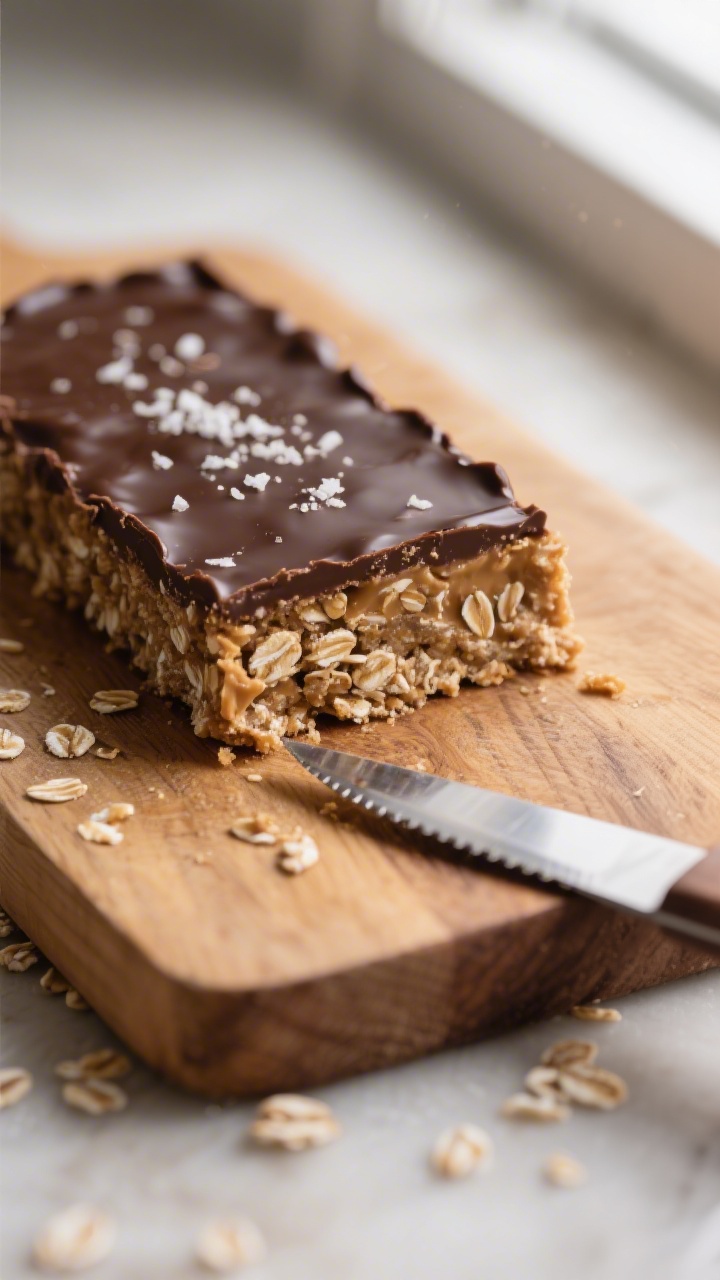 Close-up detail: A just-sliced no-bake chocolate oat bar on a cutting board, showing the chewy rolle
