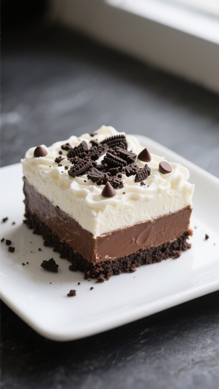Close-up detail: A neatly sliced square of No-Bake Oreo Dessert showing distinct layers—glossy Ore