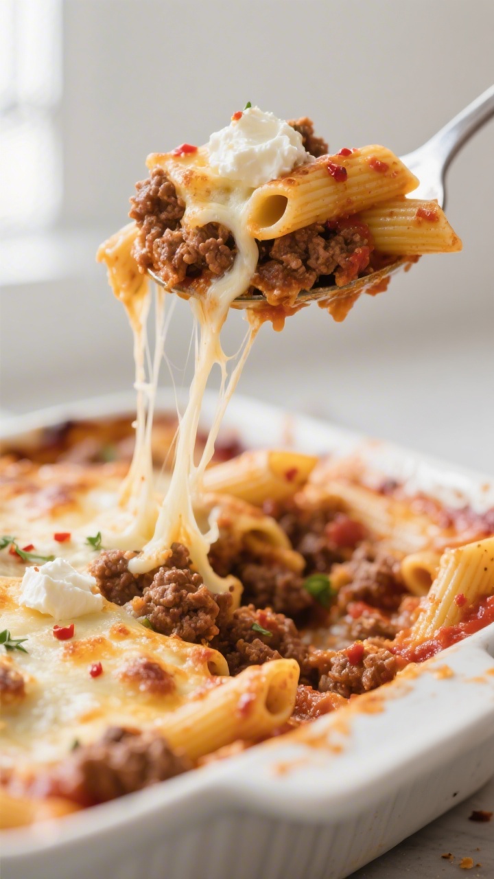 Close-up detail: A spoon lifting a portion of the baked cheesy ground beef pasta from the casserole,