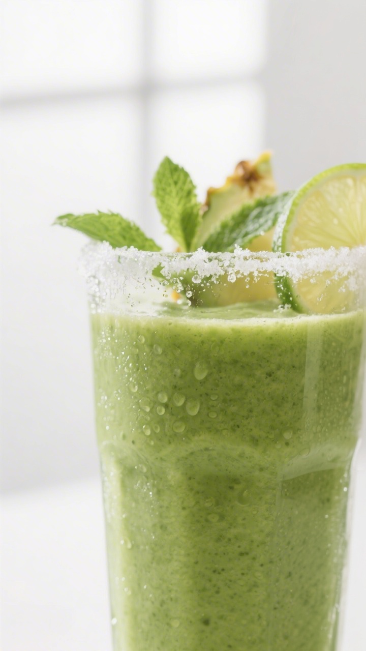 Close-up detail: A tall chilled glass of vibrant green detox smoothie with a silky, almost glossy su