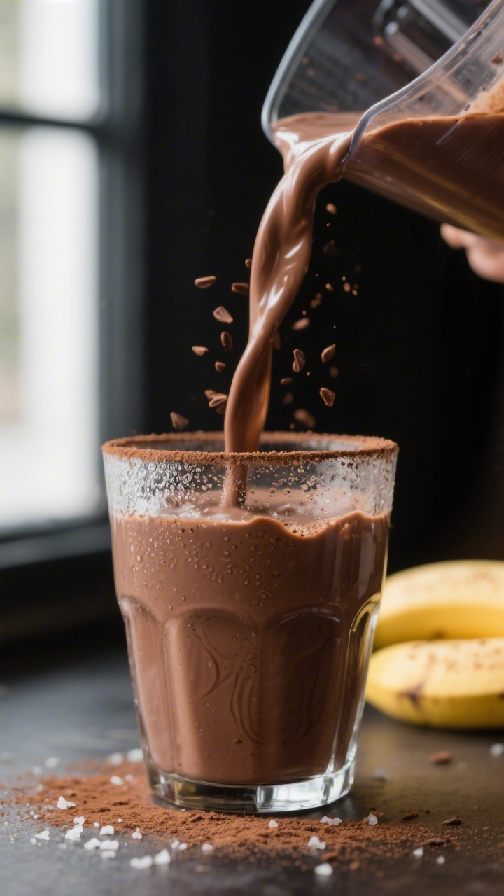 Close-up detail: A thick chocolate banana smoothie mid-pour into a chilled glass, silky ribbons casc