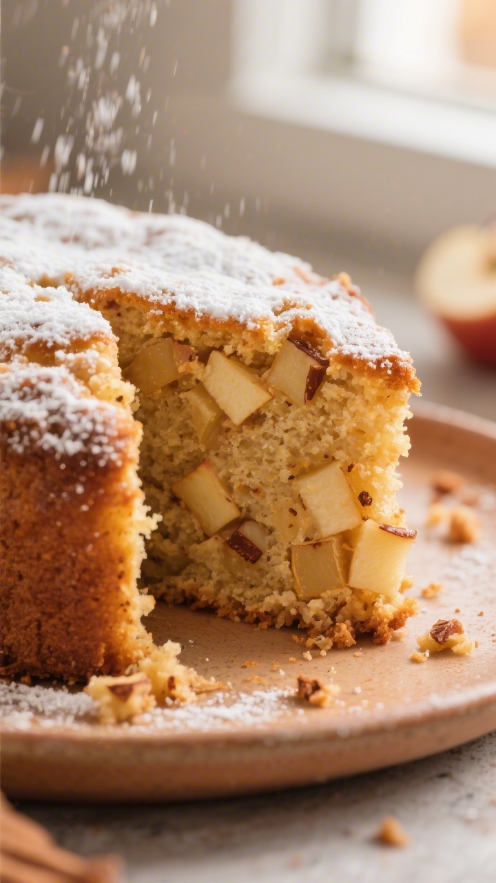 Close-up detail: A thick, golden-brown slice of easy apple cake just cut, showing a plush, moist cru