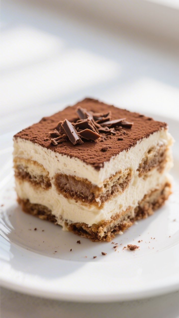 Close-up detail: A tight macro of a just-cut square of classic tiramisu showing distinct layers—co