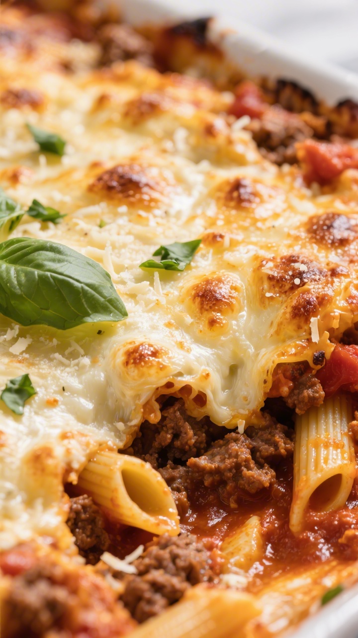 Close-up detail: A tight macro shot of the baked top layer of the ground beef pasta bake just out of
