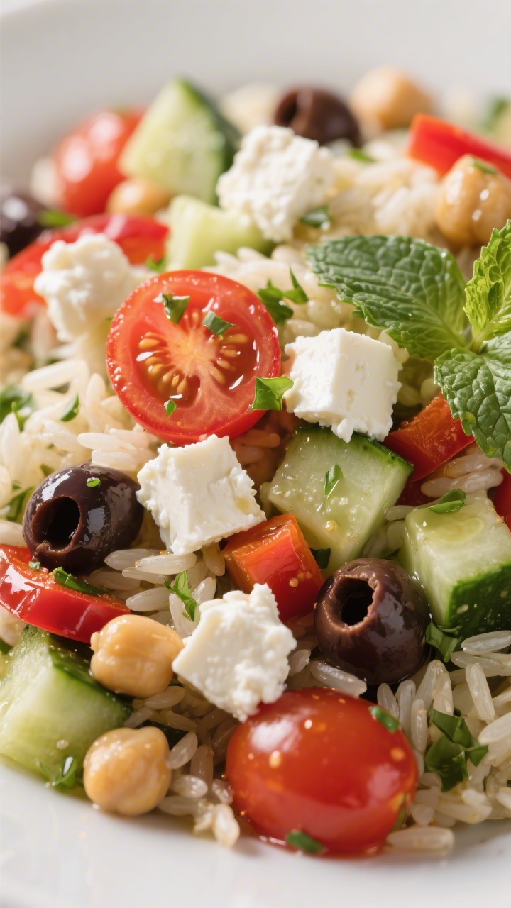 Close-up detail: Chunky crumbles of feta gently folded through the dressed Mediterranean rice salad;