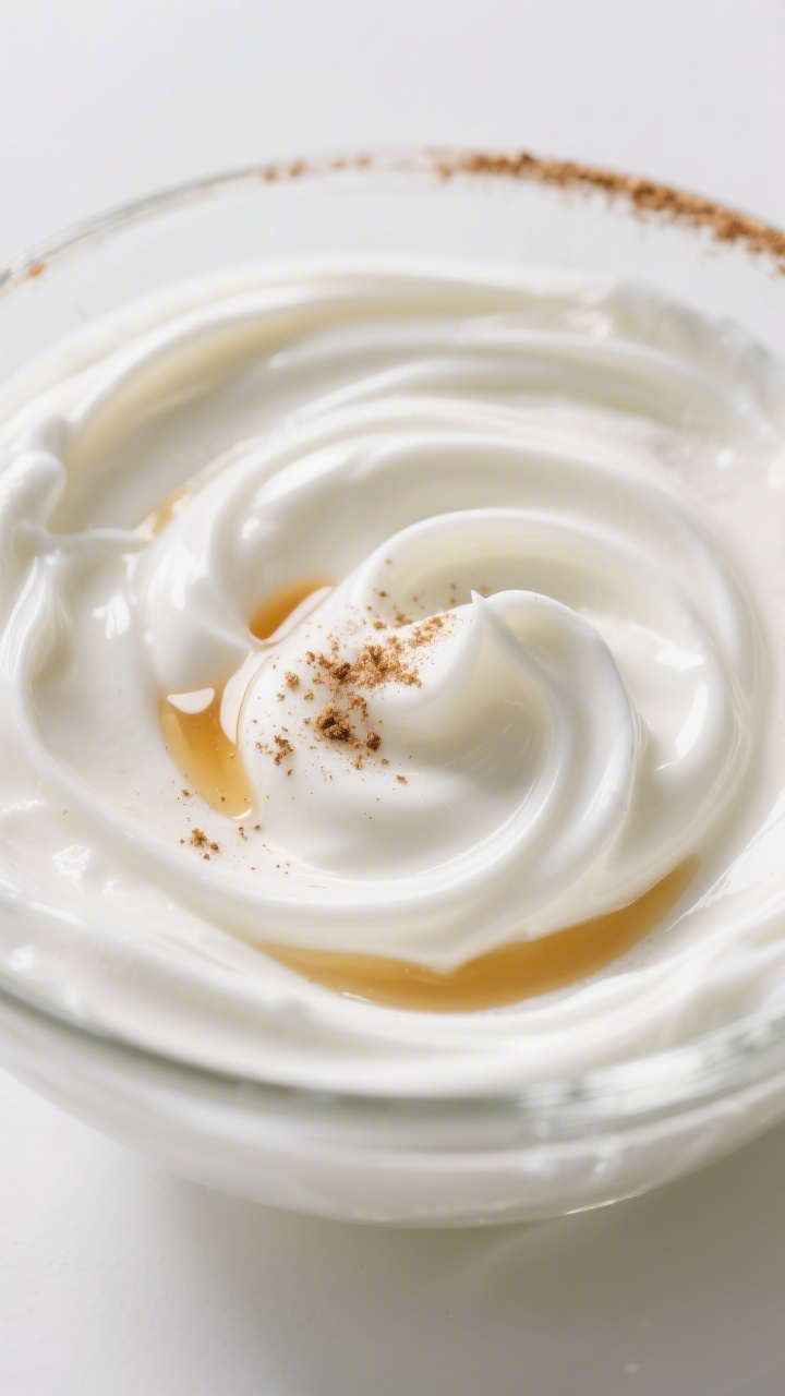 Close-up detail: Creamy Greek yogurt mixed with vanilla and a tiny pinch of salt being swirled in a