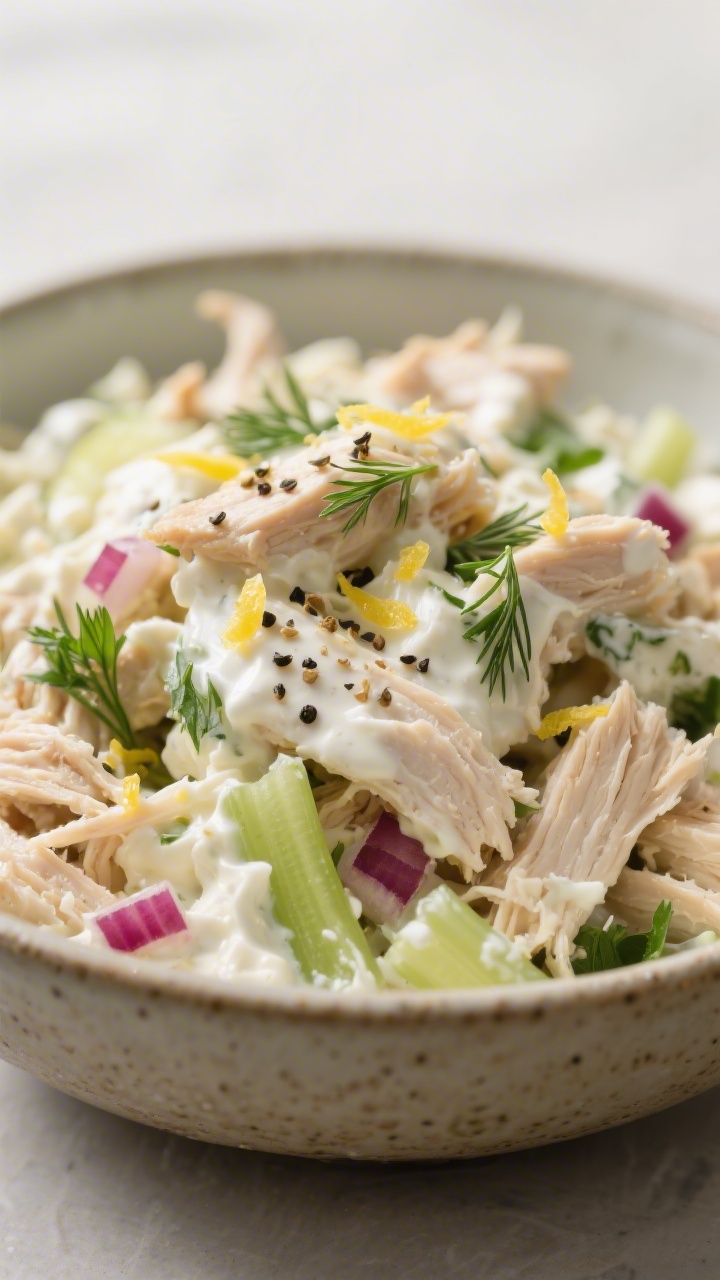 Close-up detail: Creamy high-protein chicken salad just mixed in a ceramic bowl, showing juicy shred