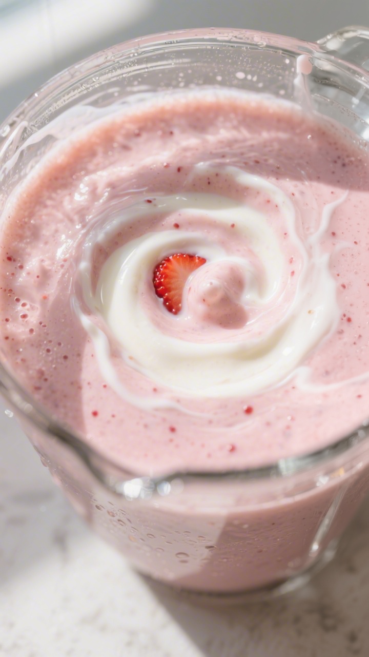 Close-up detail: Creamy strawberry banana smoothie mid-blend swirling in a clear blender jar, glossy