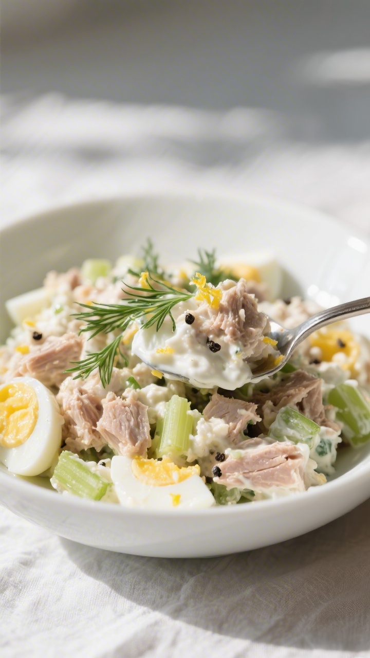 Close-up detail: Creamy tuna salad mixed with Greek yogurt, chopped hard-boiled eggs, celery, and di