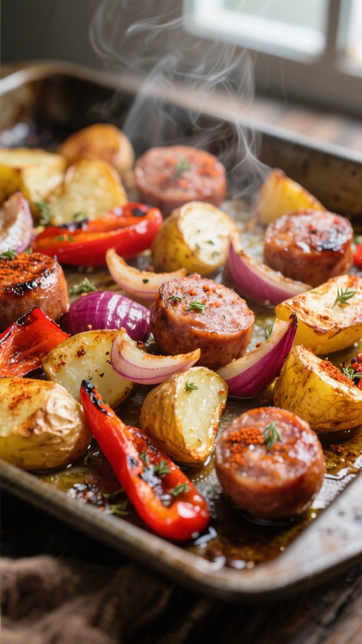 Close-up detail: Crispy roasted potato chunks and caramelized sausage rounds on a hot sheet pan just