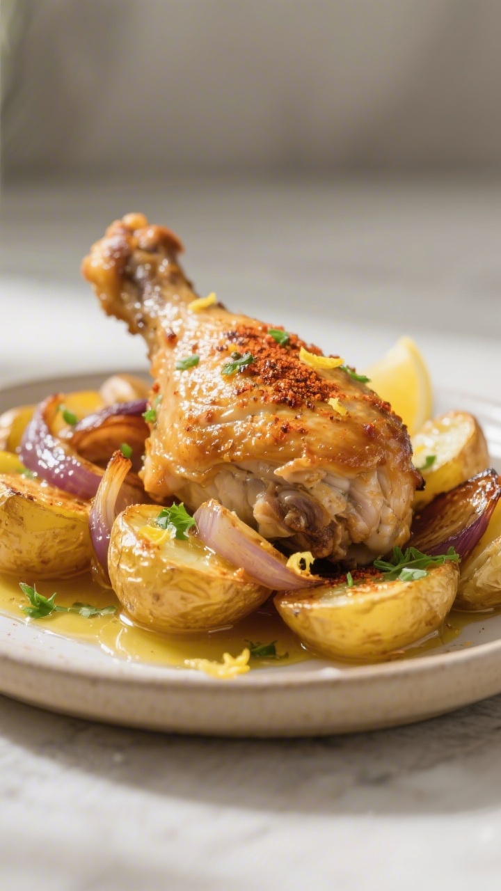 Close-up detail: Crispy-skinned bone-in chicken thigh nestled over roasted baby gold potatoes with c