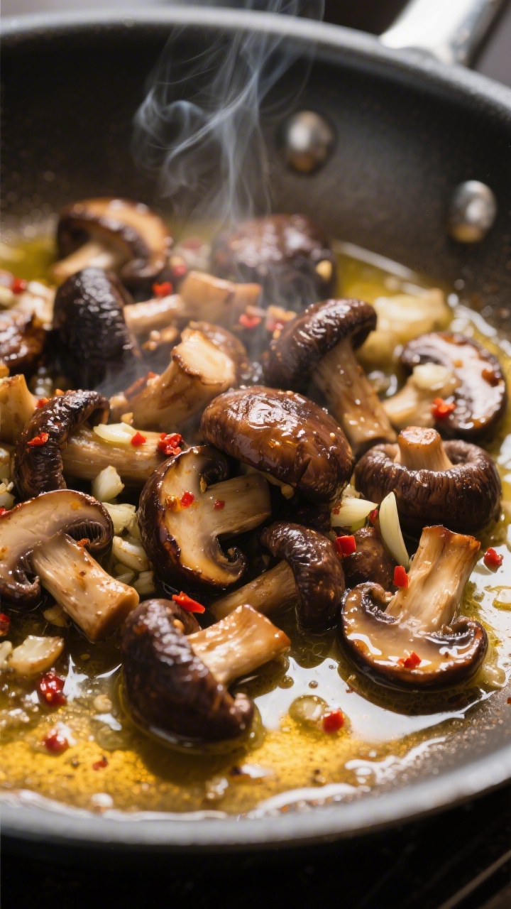 Close-up detail: Deeply browned mixed mushrooms (cremini, shiitake, oyster) sizzling in a stainless