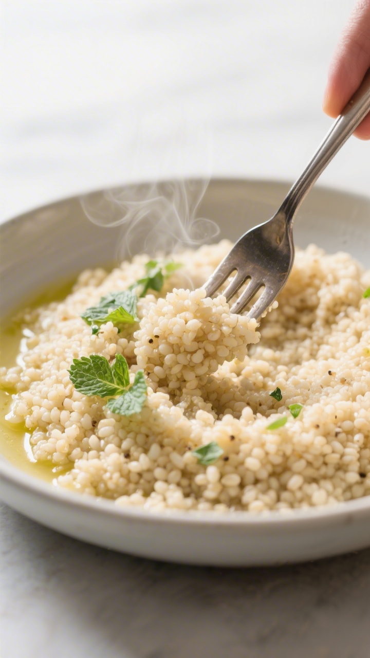 Close-up detail — Fluffing couscous: Steaming, just-cooked couscous being fluffed with a fork in a