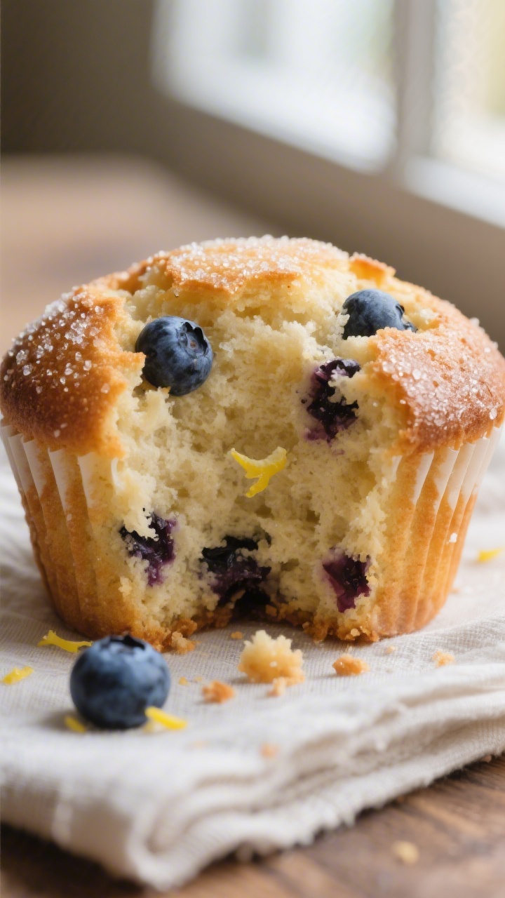 Close-up detail: Freshly baked blueberry muffin torn open to reveal a soft, moist crumb studded with