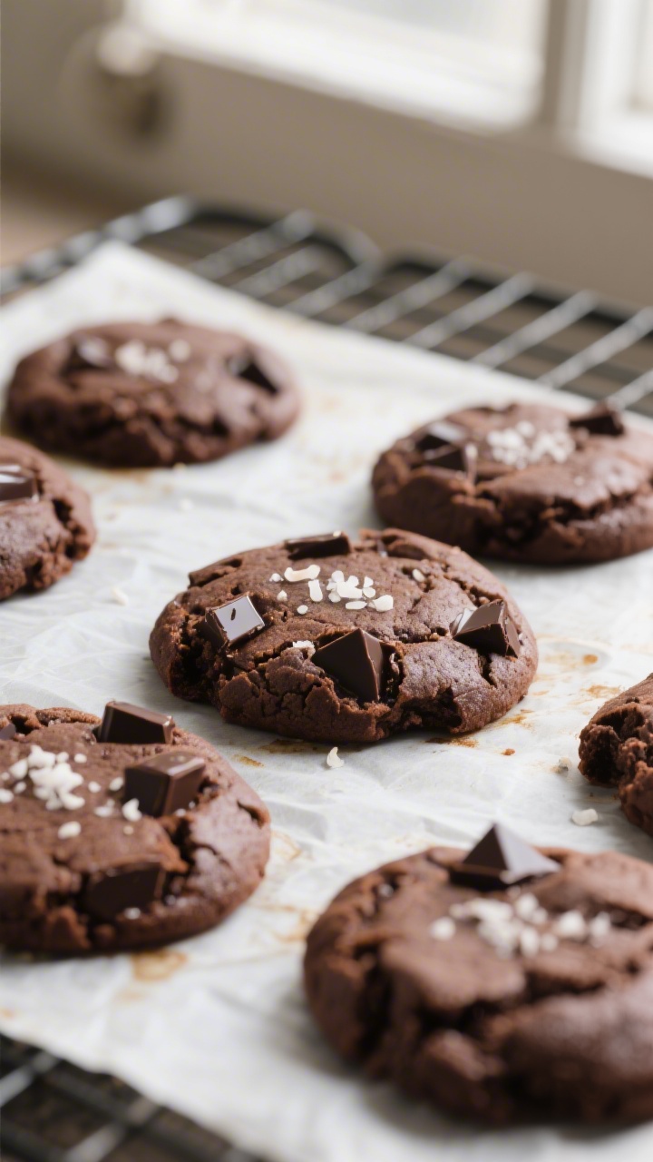 Close-up detail: Freshly baked chocolate brownie cookies cooling on a parchment-lined sheet, edges v