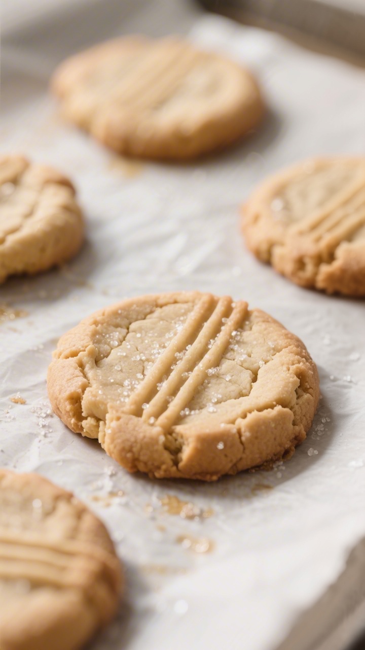 Close-up detail: Freshly baked peanut butter cookies cooling on a parchment-lined sheet, edges set a