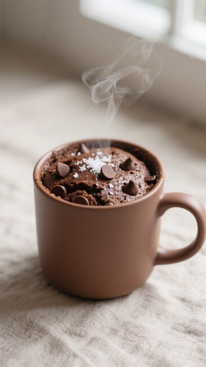 Close-up detail: Freshly microwaved chocolate mug cake with a soft, slightly underdone center and mo