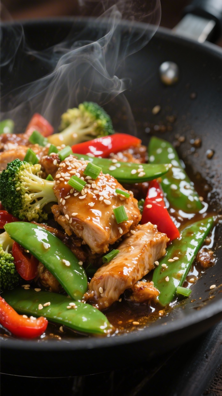 Close-up detail: Glossy chicken thigh strips and crisp-tender broccoli, snap peas, and red bell pepp