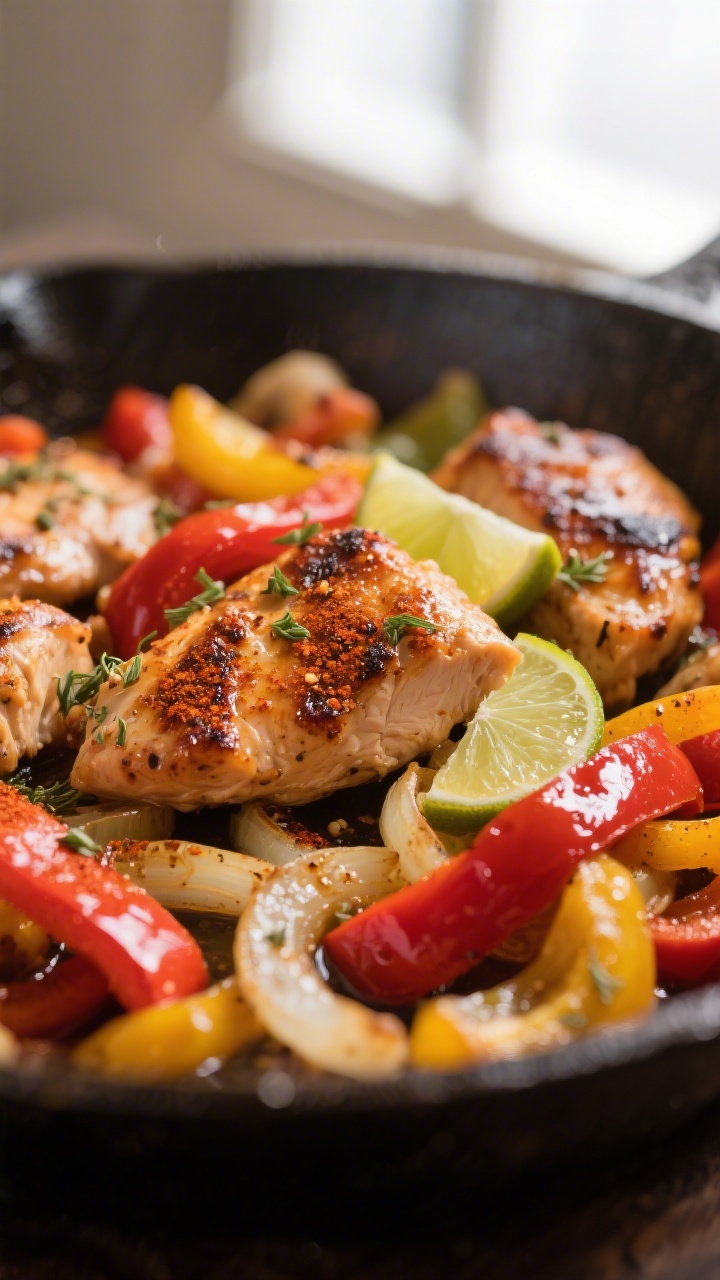 Close-up detail: Glossy fajita chicken and peppers tossed together in the skillet, focus on carameli