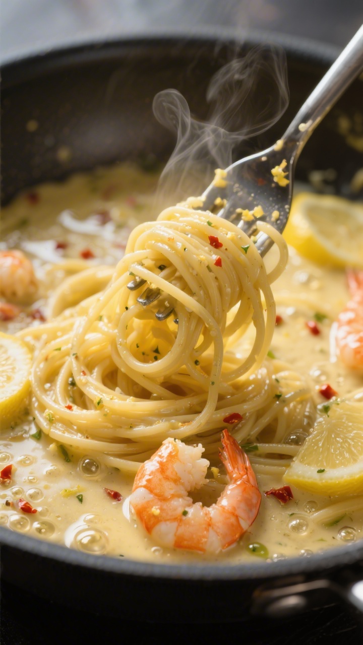 Close-up detail: Glossy garlic-butter-lemon sauce clinging to linguine, strands being tossed with to