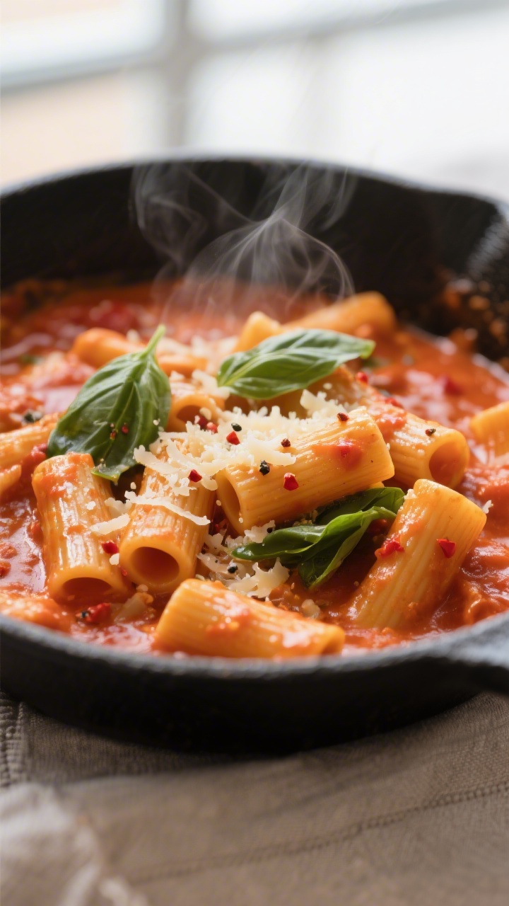 Close-up detail: Glossy rigatoni tossed in creamy tomato-basil sauce mid-pan, parmesan melting into