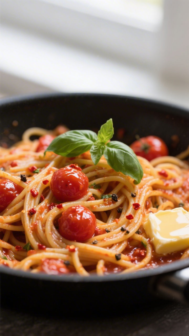 Close-up detail: Glossy spaghetti being tossed in a skillet with burst cherry tomato sauce; strands
