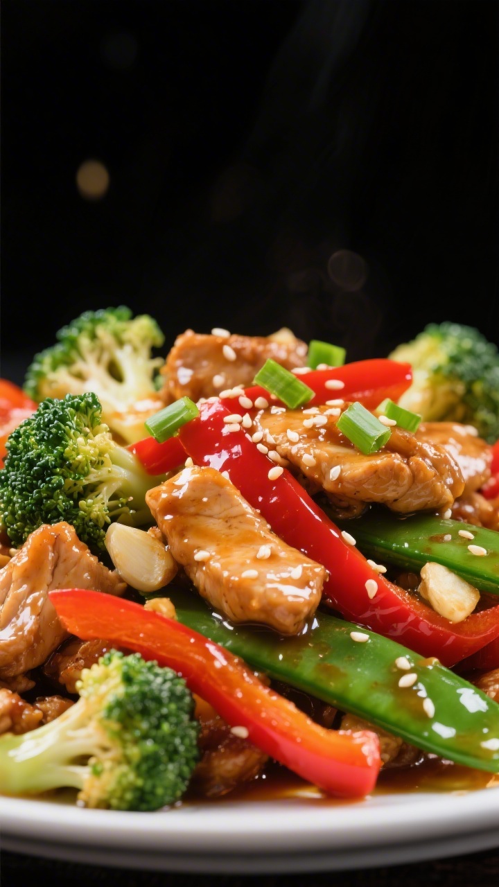 Close-up detail: Glossy stir-fry sauce clinging to crisp-tender broccoli florets, red bell pepper st