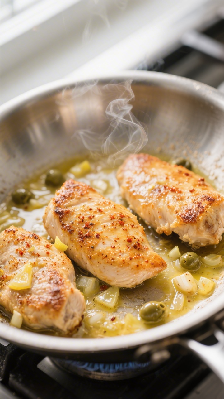 Close-up detail: Golden-brown chicken cutlets just after searing in a stainless-steel skillet, edges