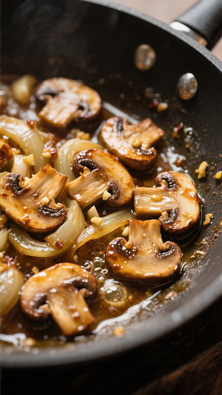 Close-up detail: Golden-browned mushrooms and softened onions in the skillet after reduction, flecks