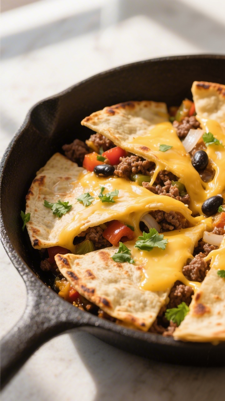 Close-up detail: Golden, crispy flour tortilla wedges in a 12-inch cast-iron skillet, edges blistere