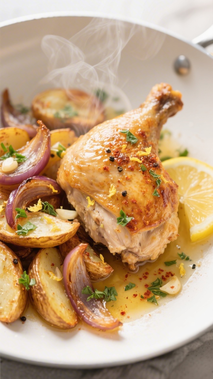 Close-up detail: Golden, crispy-skinned roasted chicken thigh nestled over bronzed Yukon Gold potato