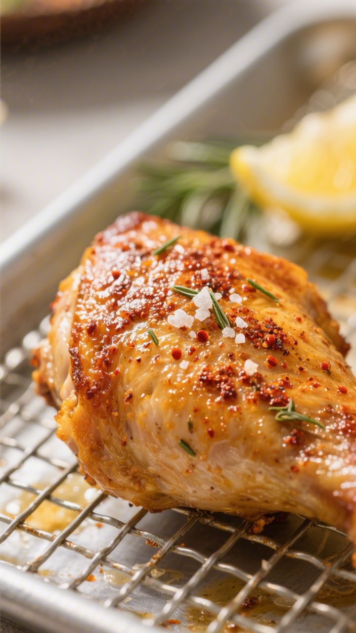 Close-up detail: Golden, oven-baked Southern chicken thigh fresh from the rack, ultra-crispy crackly